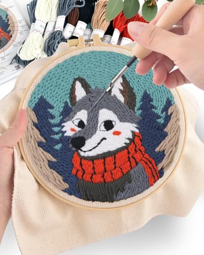 ERKOON Punch Needle Kit for Beginners Adults, DIY Easy Animal Embroidery Set for Starter Art Craft, Needling Punch Project with Patterns, Tools, Yarns, Hoop, Instruction (Wolf) - color: Wolf