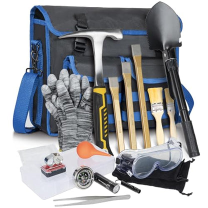 40PCS Geology Rock Pick Hammer Kit, Gold Mining & Prospecting Equipment Tool, Hammer, 3 PCS Digging Chisels Set, Shovel, Wooden Chisel, Magnifying Glass, Whistle, Goggles, flocked bags, compass