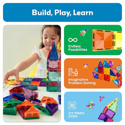 PicassoTiles 60 pcs Mini Magnetic Tiles Magnet Toys Travel-Friendly On-The-Go Building Blocks for Kids Compact Lightweight Creative playset Preschool Montessori Early Learning STEM Kids Toy Ages 3+. - color: 60pcs Mini