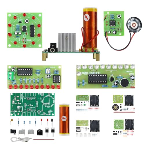 5in1 Soldering Practice Kit Mini Musical Tesla Coil, Plug-in Flowing Light,Doorbell, Sound-Activated Flowing Light, and Lucky Roulette Wheel Soldering Projects Soldering Practice for Teens - style: GreenTSL5IN1