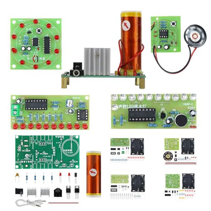 5in1 Soldering Practice Kit Mini Musical Tesla Coil, Plug-in Flowing Light,Doorbell, Sound-Activated Flowing Light, and Lucky Roulette Wheel Soldering Projects Soldering Practice for Teens - style: GreenTSL5IN1
