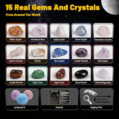 Gemstones Dig Kit, Science Kit for Kids, Dig up 15 Real Gems & Explore Solar System, STEM Educational Mining Space Toys, Archaeology Geology Science Experiments Gift for Boys&Girls Age 6-8-12