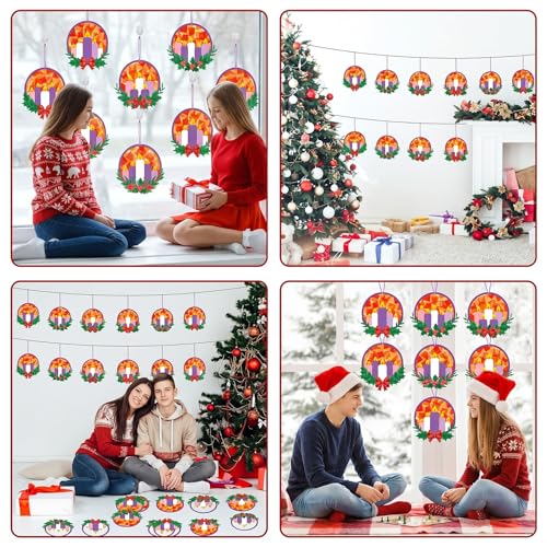 Qyeahkj 36 Set Christmas Advent Wreath Suncatchers Crafts for DIY Advent Candle Tissue Paper Craft Kit Hanging Decor for Xmas Holiday Home Activity Art Project Birthday Party Favor Gift - style: Christmas Advent Wreath