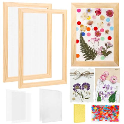 Aboofx Paper Making Kit, A4 Size Paper Making Screen Frame Kit, Wooden Mold and Deckle with Mesh, Absorbent Papers, Sponge and Confetti, DIY Handmade Papermaking Supplies Gift for Craft Lovers - size: A4