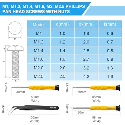 1020 Pcs Micro Screws Assortment Kit, M1-M2.5 Metric Machine Screws and Nuts, 304 Stainless Steel Phillips Pan Head Tiny Small Screws with Tools for Electronics,Arduino,RC Models,DIY Projects