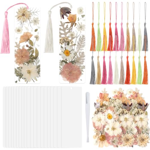 20 Sets Dried Flower Bookmark Making Kit Transparent Bookmark DIY Projects Craft Gift Bulk PET Sticker with Color Tassels and Tweezer for Classroom Activities Reading Award and Book Lovers (Boho) - style: Boho