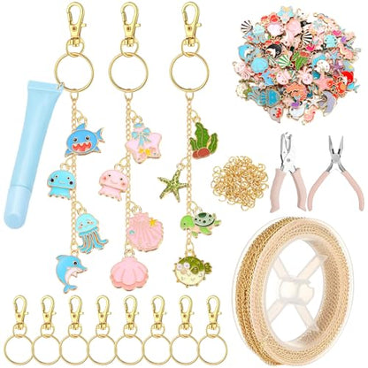 VioraWhite 213 Pcs Ocean Theme Keychain Making Kit Summer Bag Charm Kit Lip Gloss Keychain 100 Enamel Charms 32.81 ft Gold Chains for DIY Crafts Women - style: Ocean Theme