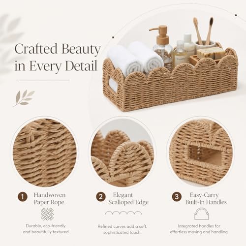 Natural Scalloped Basket, Toilet Tank Tray, Back of Toilet - color: Khaki