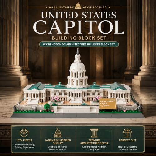 United States Capitol Building Blocks Set 1074 Pieces Washington D.C. Architecture Model Kit with Nameplate & Chain Fence USA Landmark Souvenir Gift Construction Toy for Adults & Teens - style: United States Capitol