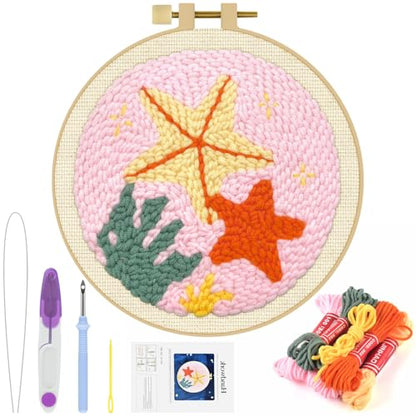 ERKOON Punch Needle Kit Adults Beginners, DIY Easy Sea Animals Embroidery Set for Starter Art Craft, Needling Punch Project with Patterns, Tools, Yarns, Hoop, Instruction (Starfish) - color: Starfish