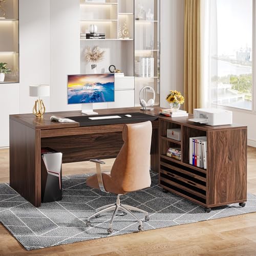 Tribesigns 62.2" L-Shaped Executive Desk with Mobile File Cabinet - color: Dark Brown and Black