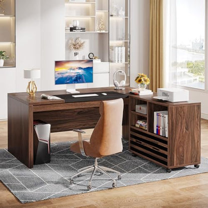 Tribesigns 62.2" L-Shaped Executive Desk with Mobile File Cabinet - color: Dark Brown and Black