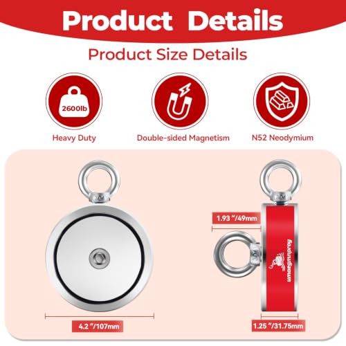 Heavy Duty Magnet Fishing Kit, 2600LB Double-Sided Magnet and 98ft Rope