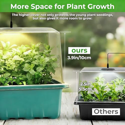 Seed Starter Tray with Grow Light, 6pcs Seed Starter Kits with Light and Adjustable Humidity Domes, Covers Height 3.9", Indoor Seedling Starter Plant Germination Trays (Green-Warm White)