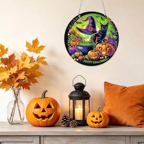 NAIMOER Halloween Diamond Art Hanging Kits for Adults, Black Cat 5D Special Shaped Rhinestone, DIY Acrylic Diamond Art Painting Window Pendants Home Garden Wall Hanging Ornament Kits, Double Sided - color: Halloween Black Cat