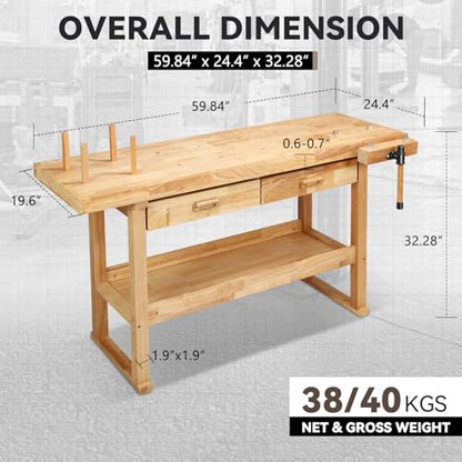 Auto Dynasty 60" Wood Workbench, Heavy Duty w/Adjustable Handle, Workshop - size: 2 Drawers (59.8'' x 24.4'' x 32.28'')
