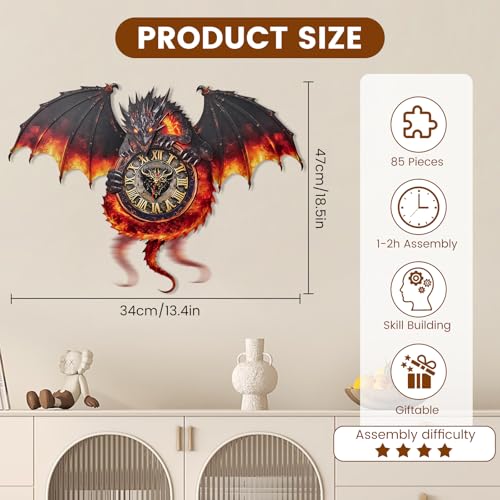 3D Wooden Puzzle Dragon Clock, Mechanical 3D Puzzle for Adults, Adult Crafts Model Clock Kit (with Pendulum), Fire Dragon Decor, Challenging Wooden Puzzles for Adults, Gifts for Women Men