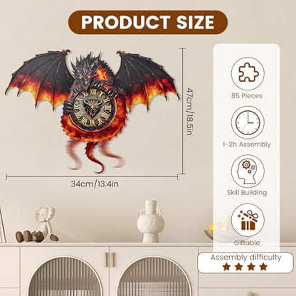 3D Wooden Puzzle Dragon Clock, Mechanical 3D Puzzle for Adults, Adult Crafts Model Clock Kit (with Pendulum), Fire Dragon Decor, Challenging Wooden Puzzles for Adults, Gifts for Women Men