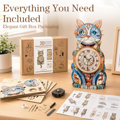 3D Puzzles for Adults, Cute Cat Clock 3D Wooden Puzzles Cat Puzzle Clock Kits for DIY Christmas Birthday Gift for Women Mom Men Home Decor Holiday - color: Cute Cat