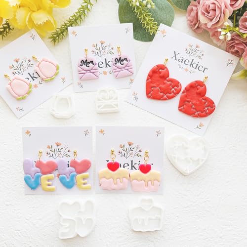 Mother’s Day Polymer Clay Cutters & Stamps Set - 10pcs Sharp & Durable Mom, MAMA, LOVE, Puzzle Heart, Envelope & Cake Shapes for DIY Earring Jewelry Making, Soft Clay Crafts & Holiday Supplies - color: 2L color