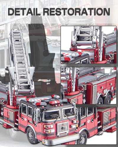 Piececool 3D Metal Puzzles for Adults, Ladder Truck Fire Engine Model Kits Building, Challenge to Assemble DIY Craft Kits, Best Birthday 354 Pcs - style: Ladder Truck