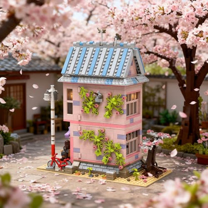 City Cherry Blossom Lighting House Building Sets for Adult 1432 PCS - size: Romantic Pink House