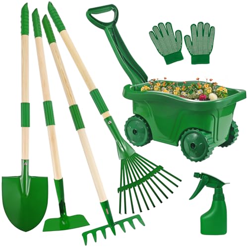 Duckura Kids Gardening Tools Set - 7pcs Wheelbarrow Set for Kids - color: 7pcs-green