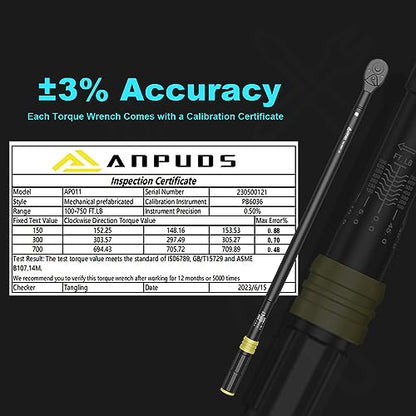 ANPUDS 3/4" Click Torque Wrench, 100-750 Ft-Lb/135.5-1017 Nm, Heavy Duty - size: 100-750 ft-lb / 135.5-1016.3 Nm