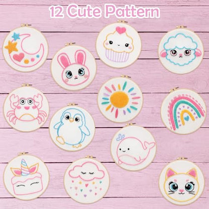 Louise Maelys Embroidery Kit for Beginners, 12 Packs Pre-Printed DIY Sewing Craft Kit,Kids Girls Cross Stitch Kit with Hoop, Threads, Needles and Scissors, Cute Animal & Cartoon Patterns, Ages 8+ - color: Kit-3