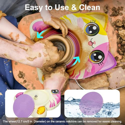 Roaxkois Pottery Wheel for Kids – Complete DIY Arts & Crafts Painting Kit with Air Dry Clay, Paints, Tools, Apron & Stickers – Creative Gift for Girls & Boys Ages 6 7 8 9 10 11 12+