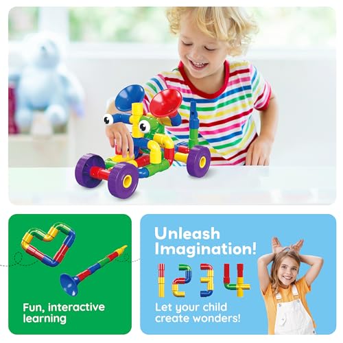 PicassoTiles PTT136 136pcs Tubular Pipes & Spout STEAM Interlocking Educational Building Block Set, Tube Locks, Pipeworks Construction Blocks w/Storage Container Box, Idea Book, Flute Musical Kit - color: 136pcs Tubular Pipes & Spout