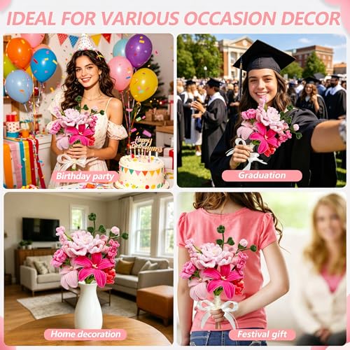 600 PCS Pipe Cleaners Craft Bulk, 6 Pastel Colors Pipe Cleaner Flower Kit, Chenille Stems with Floral Wires, Gardening Tape, Stamen&Ribbon, DIY Art and Craft Supplies(Rose Pink） - color: 600PCS-Rose Pink