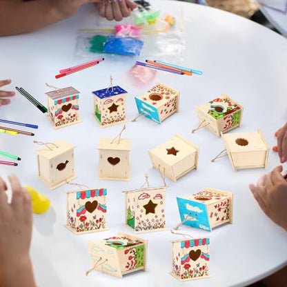 Outus 24 Pcs Wooden Birdhouse Kits for Kids, 4 Shapes Unfinished, Classic