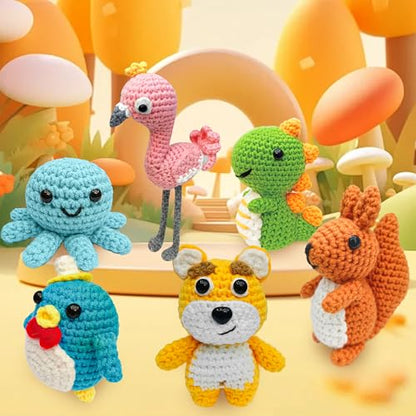 FHFTHYH 6Pcs Crochet Kit for Beginners, DIY Craft for Adults, Great Gift for Crochet Lovers, Crocheting Animal Kits with Step by Step Videos,Yarn,Crochet Hook,Birthday Holiday Gift