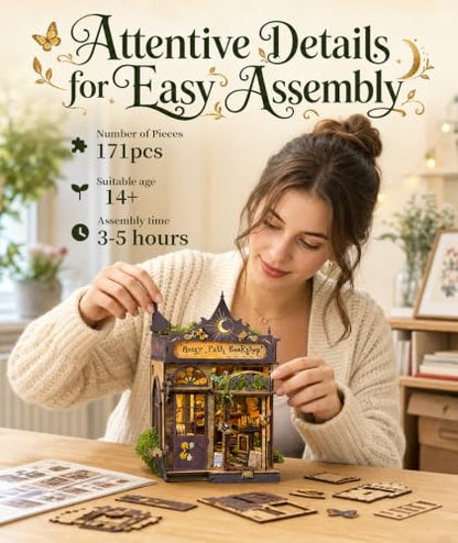 Book Nook Kit - Mossy Path Bookshop DIY Miniature Dollhouse with LED Lights, Mini Bookshelf Insert Decor for Adults & Teens, Creative Craft Gift for Family, Friends & Book Lovers - style: Mossy Path Bookshop