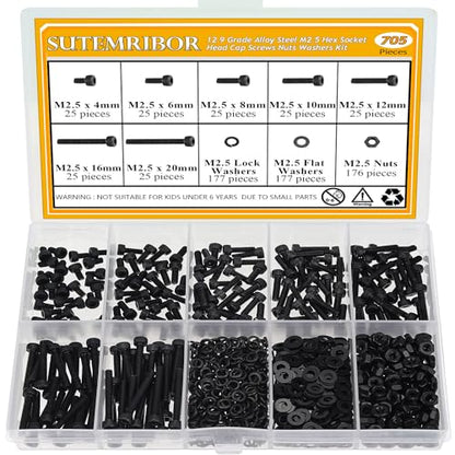 705 Pieces M2.5 Screws Nuts Washers Set Black, Sutemribor M2.5 x 4/6/8/10/12/16/20mm Hex Socket Head Cap Screws Nuts Washers Assortment Kit, 12.9 Grade Alloy Steel, Fully Threaded - size: M2.5 x 4/6/8/10/12/16/20mm Kit, style: Socket Head