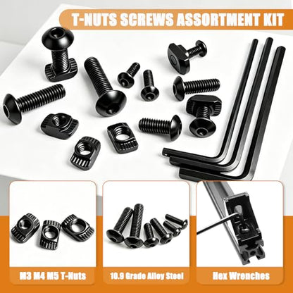 mankk 260PCS M3 M4 M5 T-Nuts Screws Assortment Kit 10.9 Grade Alloy Steel Metric Hex Button Head Cap Screws for 2020/3030/4040 Series Aluminum Extrusion,M-LOK System,3D Printing - size: M3/M4/M5 Kit