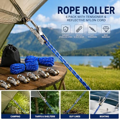6-Pack Tensioner & Rope Tightening Tool, Paracord Adjusters with Roller Lock Buckle for Easy and Secure Tying, Heavy Duty Tie Down for Boating, Camping & Outdoor Gear