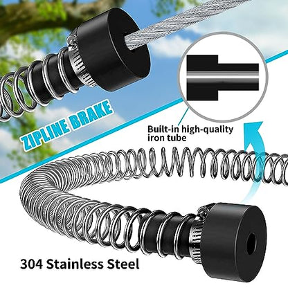 Zip Line Kit for Kids Adults : 100FT / 120FT / 150FT / 200FT Up to 380Lbs - Quick Tighten Zipline for Backyard Outdoor with 100% Rust Proof Removable Trolley Seat Spring Brake - size: 120ft