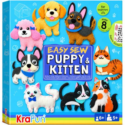 KRAFUN Puppy & Kitten Sewing Kit for Kids Ages 6+ | 8 Dolls - color: Puppy & Kitten