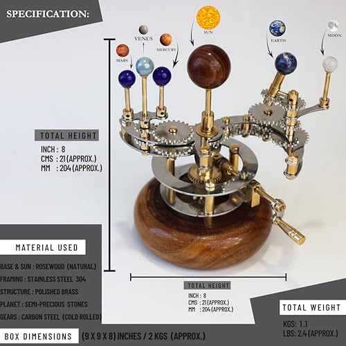 Solar System Model | Educational & Decorative Astronomy Orrery | Premium Brass Mechanical Planetarium (8" Earth, Mars & Moons)