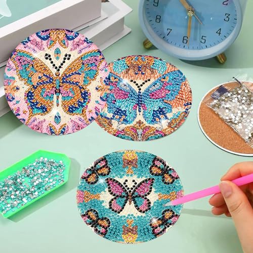 8 Pcs Diamond Art Coaster Kit for Adult with Holder, Diamond Coasters 4x4in - color: Butterfly Coasters, size: 8 Pcs 4x4in