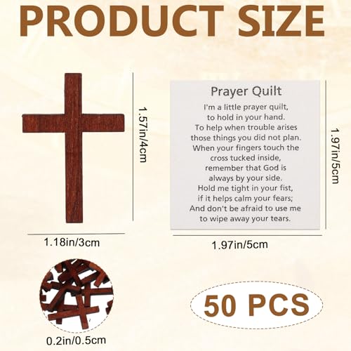 50Pcs Pocket Prayer Quilt Labels Bulk with Mini Wooden Cross Baptism Favors