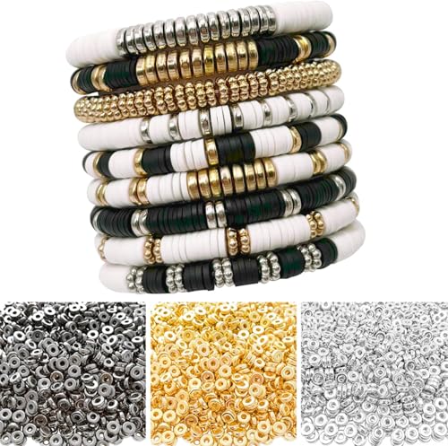 6mm Flat Round Spacer Beads, Clay Beads for Bracelets Making Kit, Heishi Polymer Flat Disc Spacer Beads for Jewelry Making, Clay Beads for Jewelry Making Gold Beads Silver (1600pcs(400Heart)) - color: 1600pcs(400Heart)
