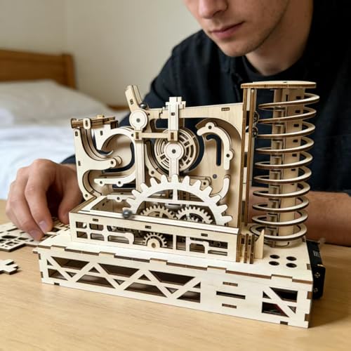 3D Wooden Puzzles for Adults, Motorized Marble Run Spiral Model Kit - Natural Wood DIY Craft Building Set, Unique Gift for Adults Men Women