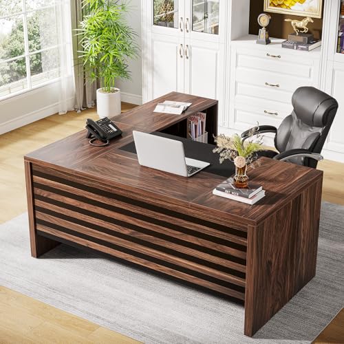 Tribesigns 62.2" L-Shaped Executive Desk with Mobile File Cabinet - color: Dark Brown and Black