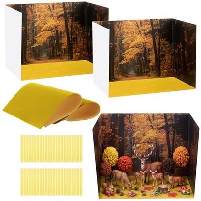 AmazingSpark 2 Set Fall Forest Animals Diorama Box and Fake Grass Decor, Woodland Figures Diorama Project Supplies Set, Cardboard Display Case Kit with Double Sided Tapes for DIY Crafts - style: Fall