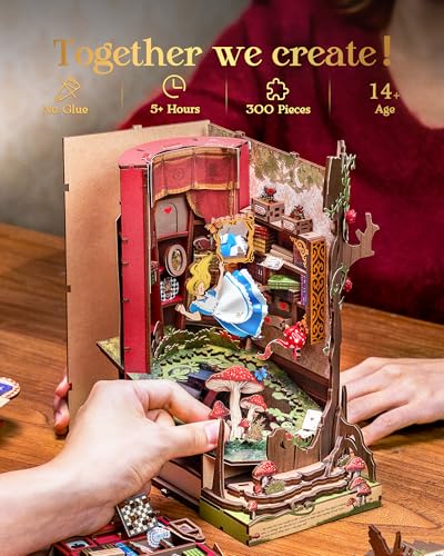 Rolife Book Nook Kit Fall into Wonder 3D Wooden Puzzles 9.9" Wonderland Booknooks DIY Miniature Kit with LEDs Fairy Tale Bookshelf Decor Craft for Adults Gift for Mom Women Men