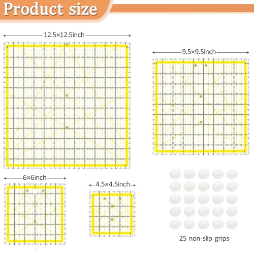 VPVPV 4 Piece Quilting Ruler,Acrylic Square Ruler,Quilting Templates,with Non Slip Rings 25 Pieces（4.5“X4.5”、6“X6”、9.5“X9.5”、12.5“X12.5”） - color: Yellow-4