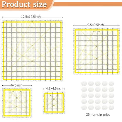 VPVPV 4 Piece Quilting Ruler,Acrylic Square Ruler,Quilting Templates,with Non Slip Rings 25 Pieces（4.5“X4.5”、6“X6”、9.5“X9.5”、12.5“X12.5”） - color: Yellow-4